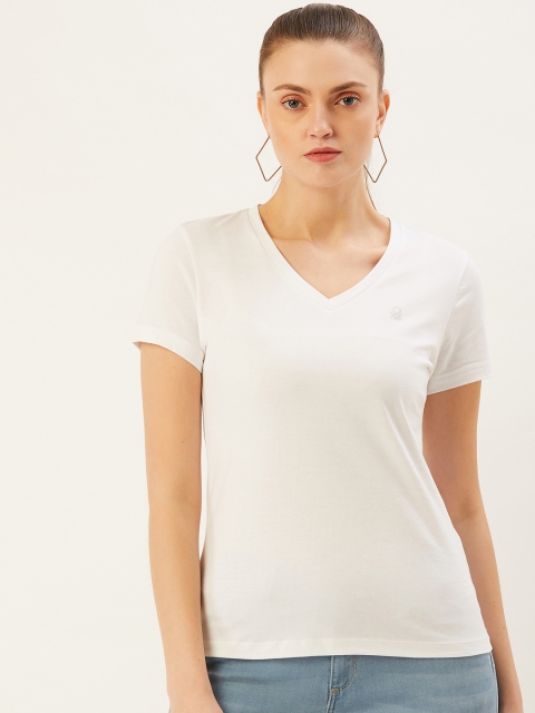 

United Colors of Benetton Women White Solid Cotton V-Neck T-shirt