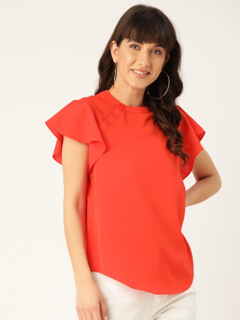 

United Colors of Benetton Red Mandarin Collar Flutter Sleeves Top