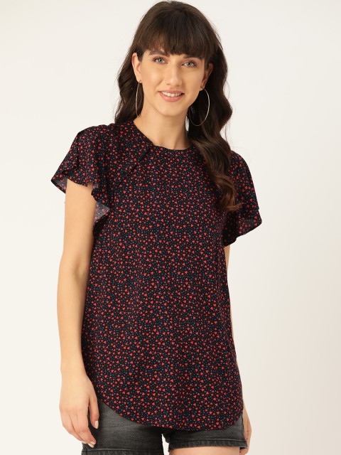 

United Colors of Benetton Black Ecovero Printed Mandarin Collar Flutter Sleeves Top