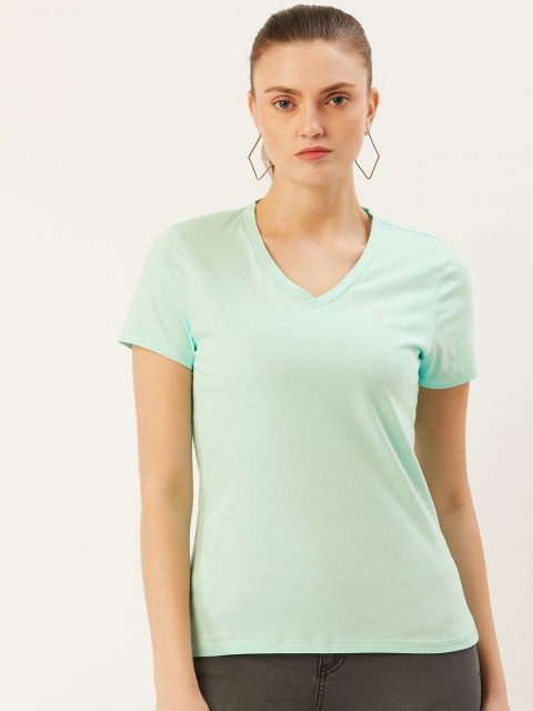 

United Colors of Benetton Women Sea Green Solid Cotton V-Neck T-shirt
