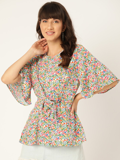 

United Colors of Benetton White Ecovero Floral Print Flared Sleeves A-Line Top