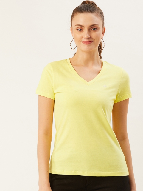 

United Colors of Benetton Women Yellow Solid Cotton V-Neck T-shirt