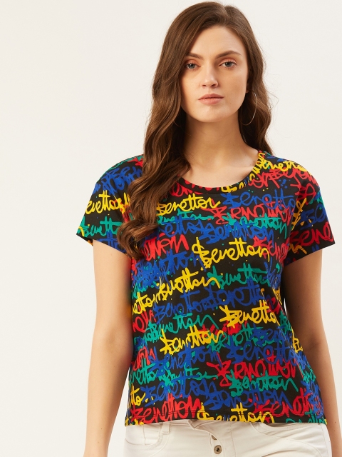 

United Colors of Benetton Women Black & Red Printed Cotton Round Neck T-shirt
