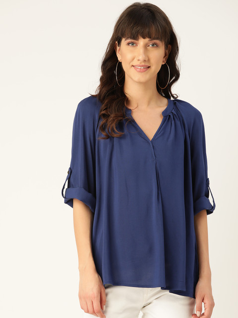 

United Colors of Benetton Navy Blue Mandarin Collar EcoVero Top
