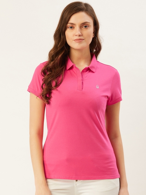

United Colors of Benetton Women Pink Solid Cotton Polo Collar T-shirt