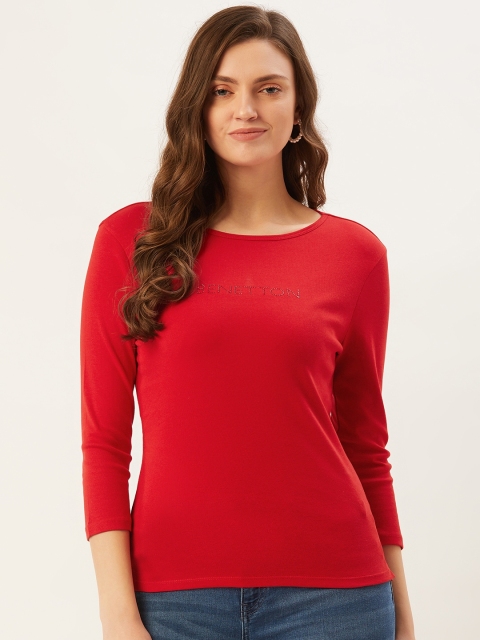 

United Colors of Benetton Women Red Solid Cotton Round Neck T-shirt