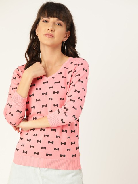 

United Colors of Benetton Women Pink & Black Pure Cotton Printed Pullover