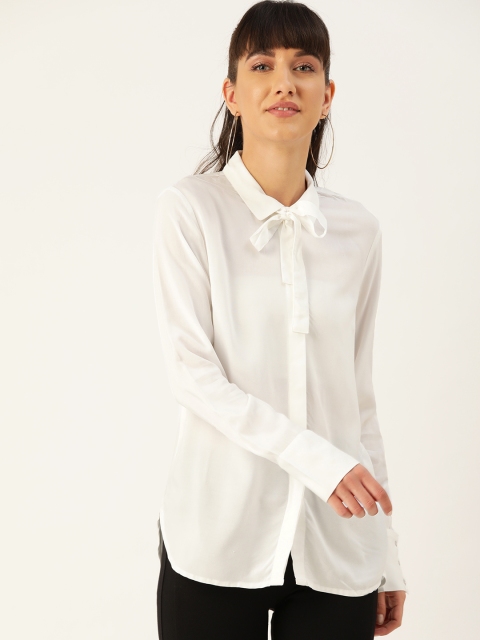 

United Colors of Benetton Women White Ecovero Tie-Up Neck Solid Shirt