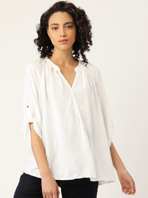 

United Colors of Benetton White Ecovero Mandarin Collar Roll-Up Sleeves Top