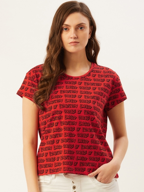 

United Colors of Benetton Women Red & Black Printed Cotton Round Neck T-shirt