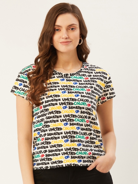 

United Colors of Benetton Women White & Black Printed Pure Cotton Round Neck T-shirt