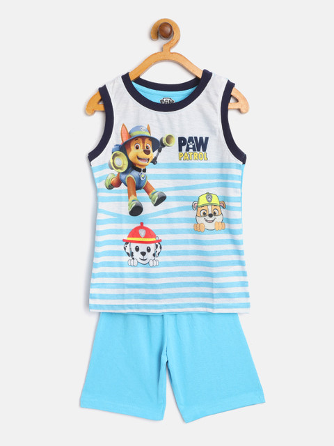

Eteenz Boys Blue & White Striped & Paw Patrol Print Pure Cotton T-shirt with Shorts
