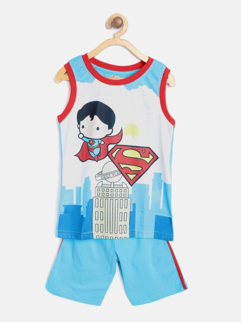 

Eteenz Boys White & Blue Superman Print Pure Cotton T-shirt with Shorts