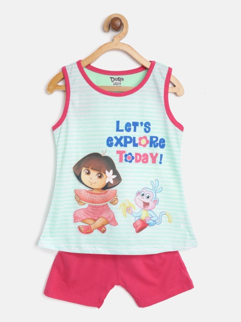 

Eteenz Girls Green & Pink Striped & Dora Print T-shirt with Shorts