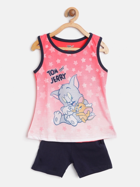 

Eteenz Girls Coral Pink & Navy Blue Tom & Jerry Print T-shirt with Shorts