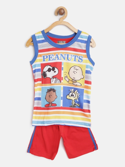 

Eteenz Boys Red & Yellow Striped & Graphic Print Pure Cotton T-shirt with Shorts