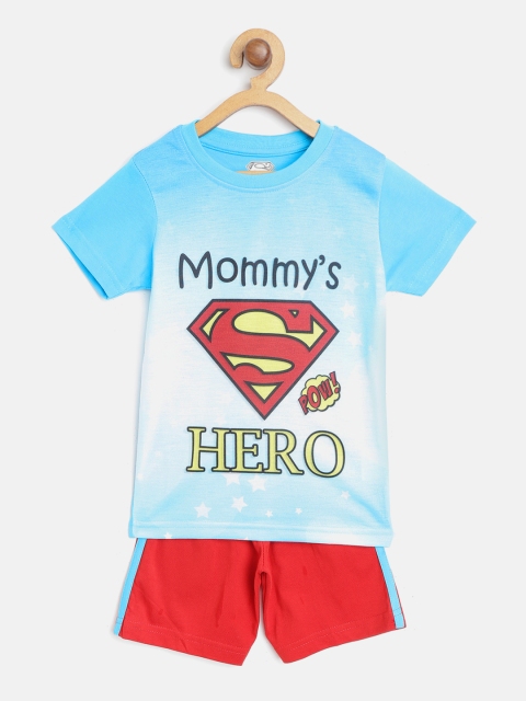 

Eteenz Boys Blue & Red Superman Print Pure Cotton T-shirt with Shorts