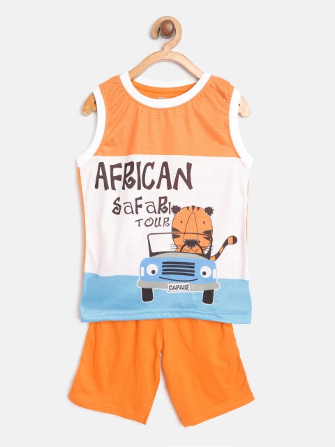 

Eteenz Boys White & Orange Graphic Print Pure Cotton T-shirt with Shorts