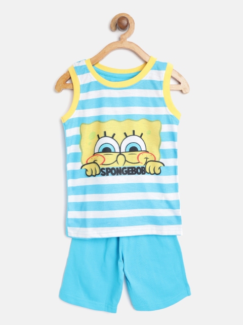 

Eteenz Boys Blue & White Striped & Sponge Bob Print Pure Cotton T-shirt with Shorts