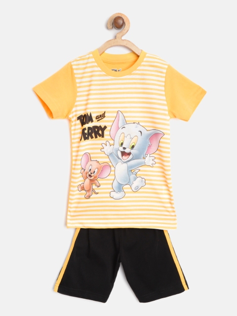 

Eteenz Boys Yellow & White Striped & Tom & Jerry Print Pure Cotton T-shirt with Shorts