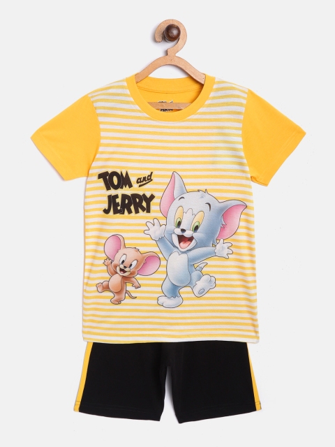 

Eteenz Boys Yellow & White Striped & Tom & Jerry Print Pure Cotton T-shirt with Shorts