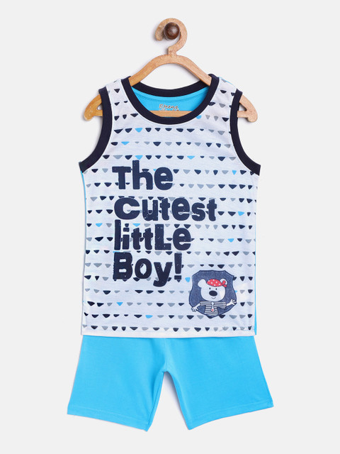 

Eteenz Boys Blue Geometric & Typography Print Pure Cotton T-shirt with Shorts