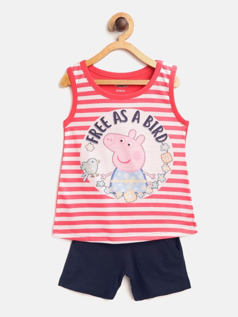 

Eteenz Girls Coral Pink & Navy Blue Pure Cotton Peppa Pig Print Top with Shorts
