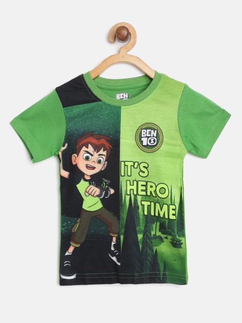

Eteenz Boys Green & Black Ben 10 Print Pure Cotton Round Neck T-shirt