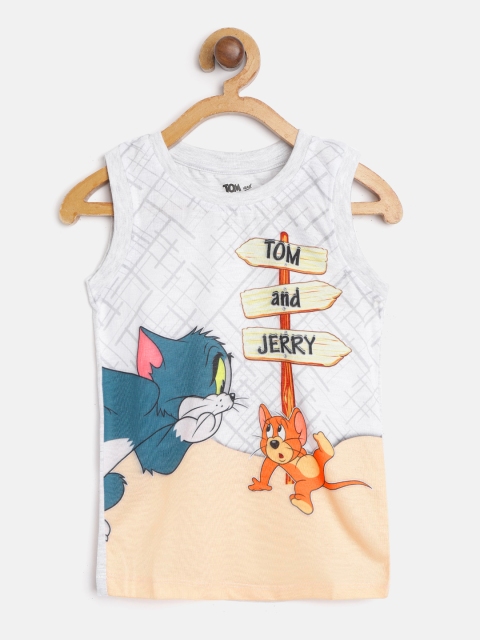

Eteenz Boys Grey Melange & Beige Tom & Jerry Print Pure Cotton Round Neck T-shirt