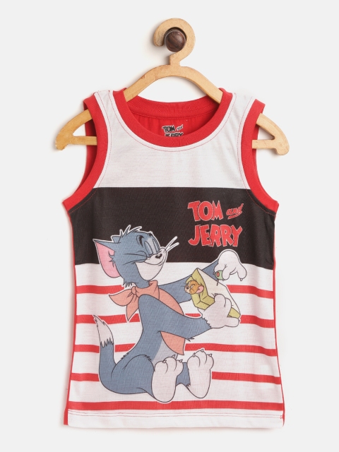 

Eteenz Boys Red White Tom Jerry Print Pure Cotton T-shirt with Striped Detail