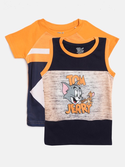 

Eteenz Boys Pack of 2 Orange & Navy Tom & Jerry Print Round Neck T-shirts
