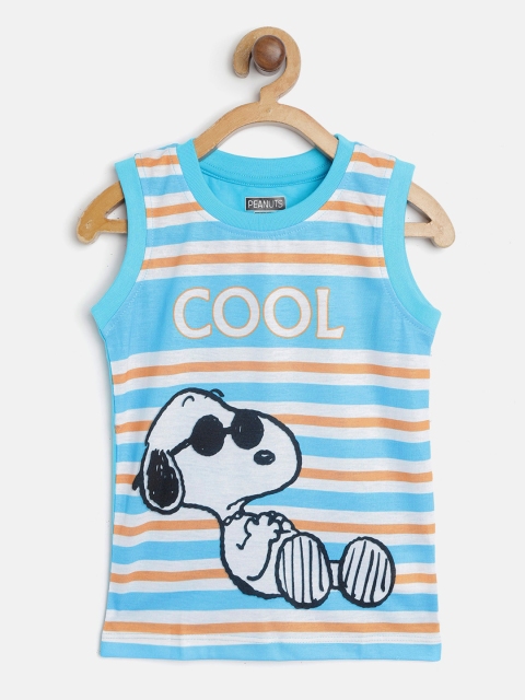 

Eteenz Boys Blue & White Striped & Snoopy Print Pure Cotton Round Neck T-shirt