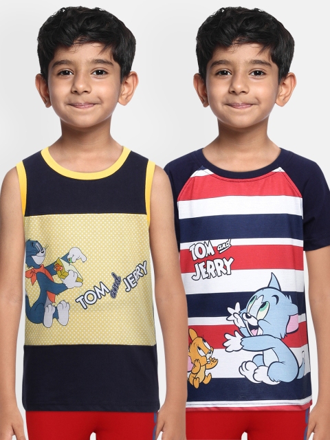 

Eteenz Boys Pack of 2 Yellow & Navy Tom & Jerry Print Round Neck T-shirts, Navy blue