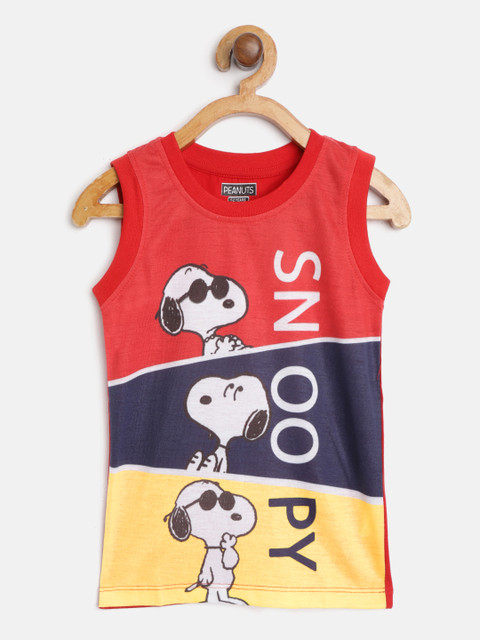 

Eteenz Boys Red & Navy Blue Snoopy Print Pure Cotton Round Neck T-shirt