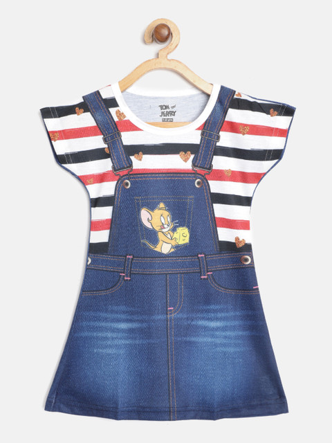 

Eteenz Girls Red & Navy Blue Jerry & Pinafore Print Pure Cotton T-shirt Dress