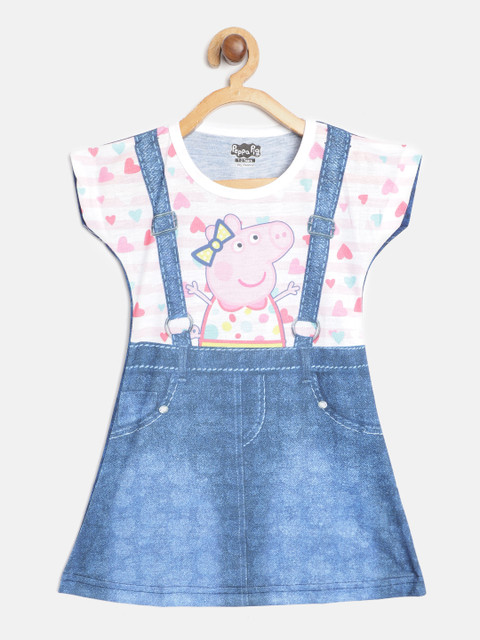 

Eteenz Girls White & Blue Peppa Pig & Pinafore Print Pure Cotton T-shirt Dress