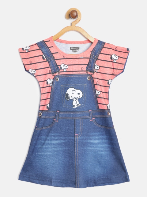 

Eteenz Girls Coral Pink & Navy Blue Snoopy & Pinafore Print Pure Cotton T-shirt Dress