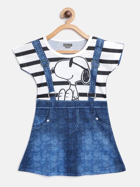 

Eteenz Girls White & Navy Blue Snoopy & Pinafore Print Pure Cotton A-Line Dress