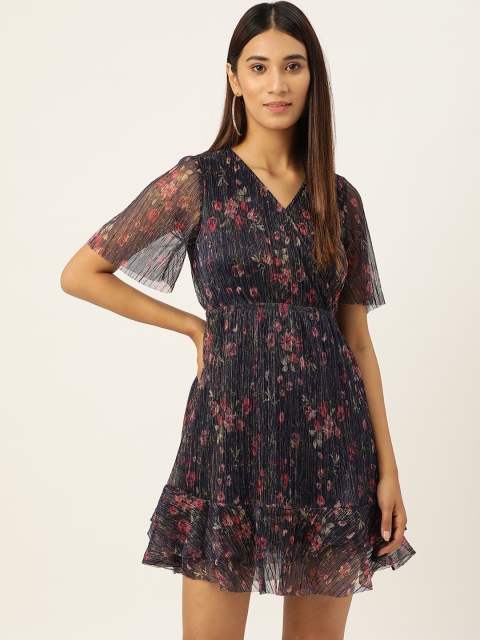 

AND Women Navy Blue & Red Printed Wrap Dress