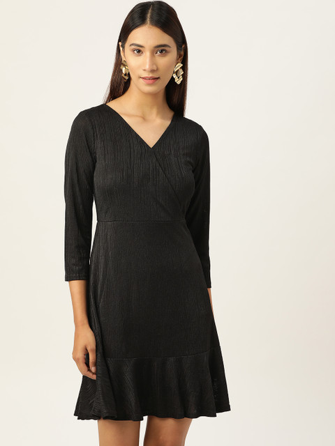 

AND Women Black Self-Design Wrap Dress