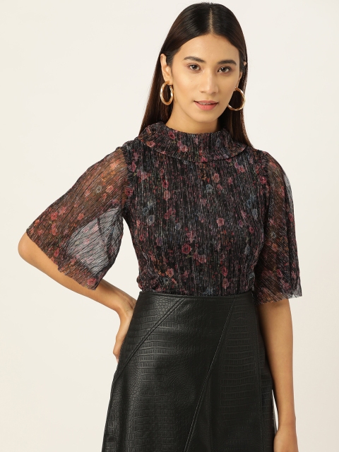 

AND Women Black & Pink Floral Print Sheen Top