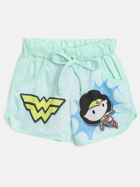 

Eteenz Girls Mint Green & Yellow Wonder Women Print Pure Cotton Regular Fit Shorts