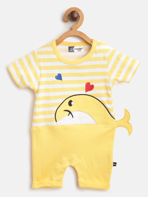 

Moms Love Infant Boys Yellow & White Pure Cotton Striped Rompers with Applique Detail