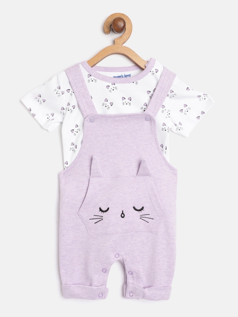 

Moms Love Infant Girls White & Lavender Pure Cotton Printed T-shirt with Dungarees