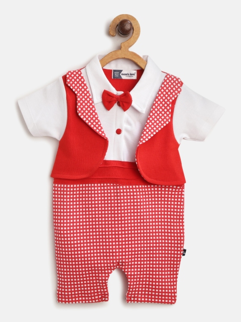 

Moms Love Infant Boys Red & White Cotton Checked Rompers with Attached Blazer Detail