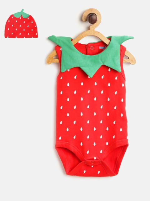 

Moms Love Infant Girls Red & Green Pure Cotton Strawberry Bodysuit with Beanie