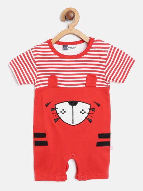 

Moms Love Boys Red & White Striped Pure Cotton Rompers with Applique Detail