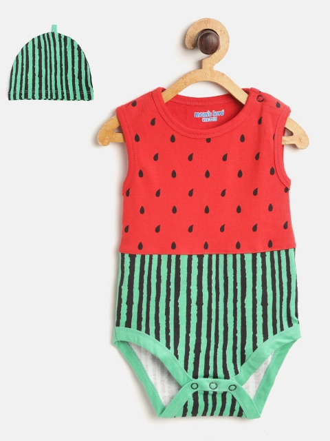 

Moms Love Infant Kids Red & Green Watermelon Print Pure Cotton Bodysuit with Beanie