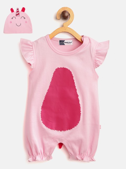 

Moms Love Infant Girls Pink Abstract Print Pure Cotton Rompers with Unicorn Beanie