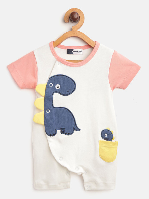 

Moms Love Infant Girls White & Blue Dinosaur Applique Pure Cotton Rompers